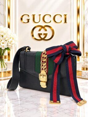 Authentic Gucci Sylvie Black Leather Web Bow Shoulder Bag Gold Chain Luxury